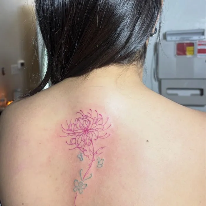 Fine line red spider lily tattoo along the spine. View on Instagram.